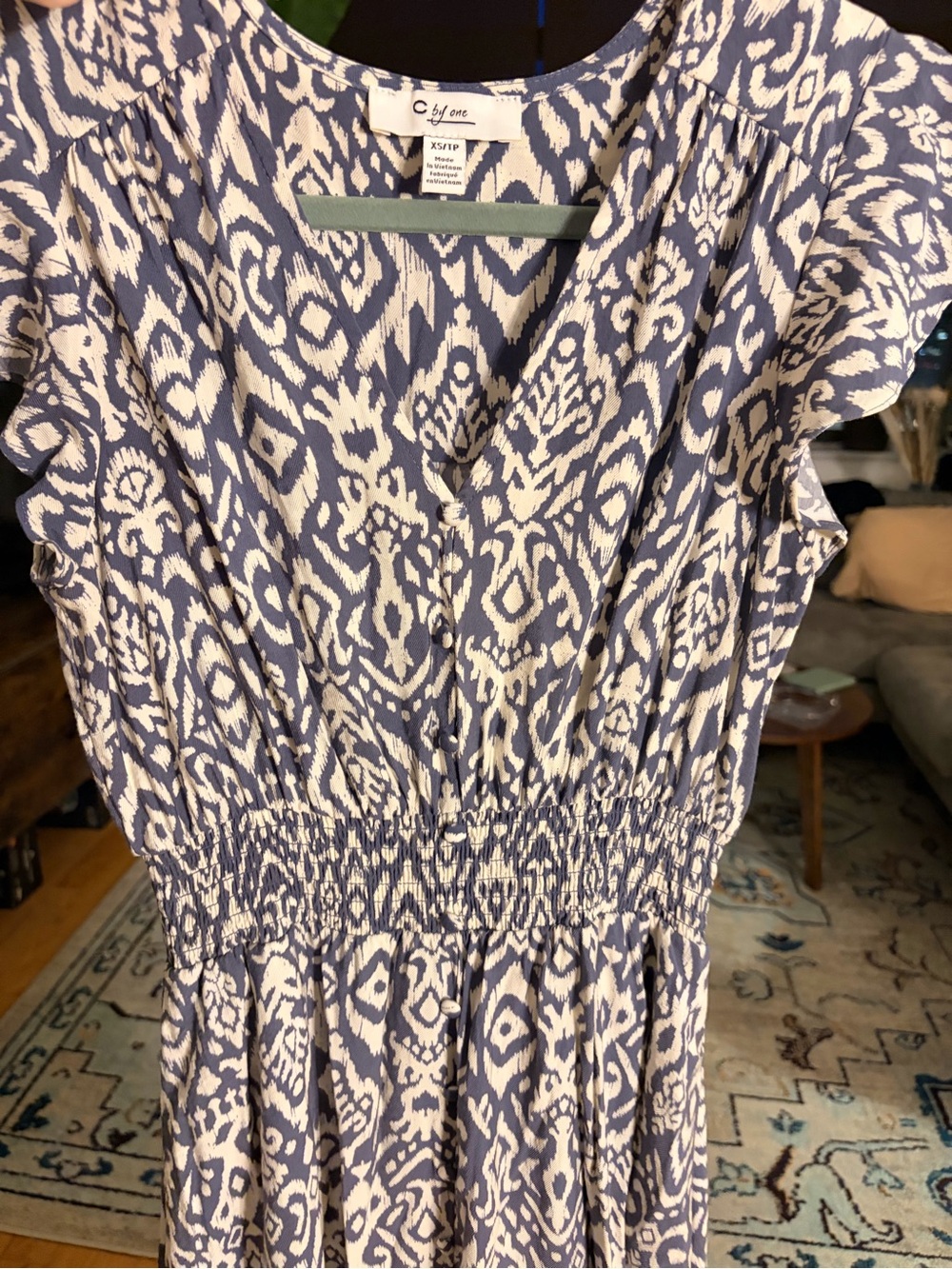 C by Me Blue & White Ikat Print Smocked Waist Dress